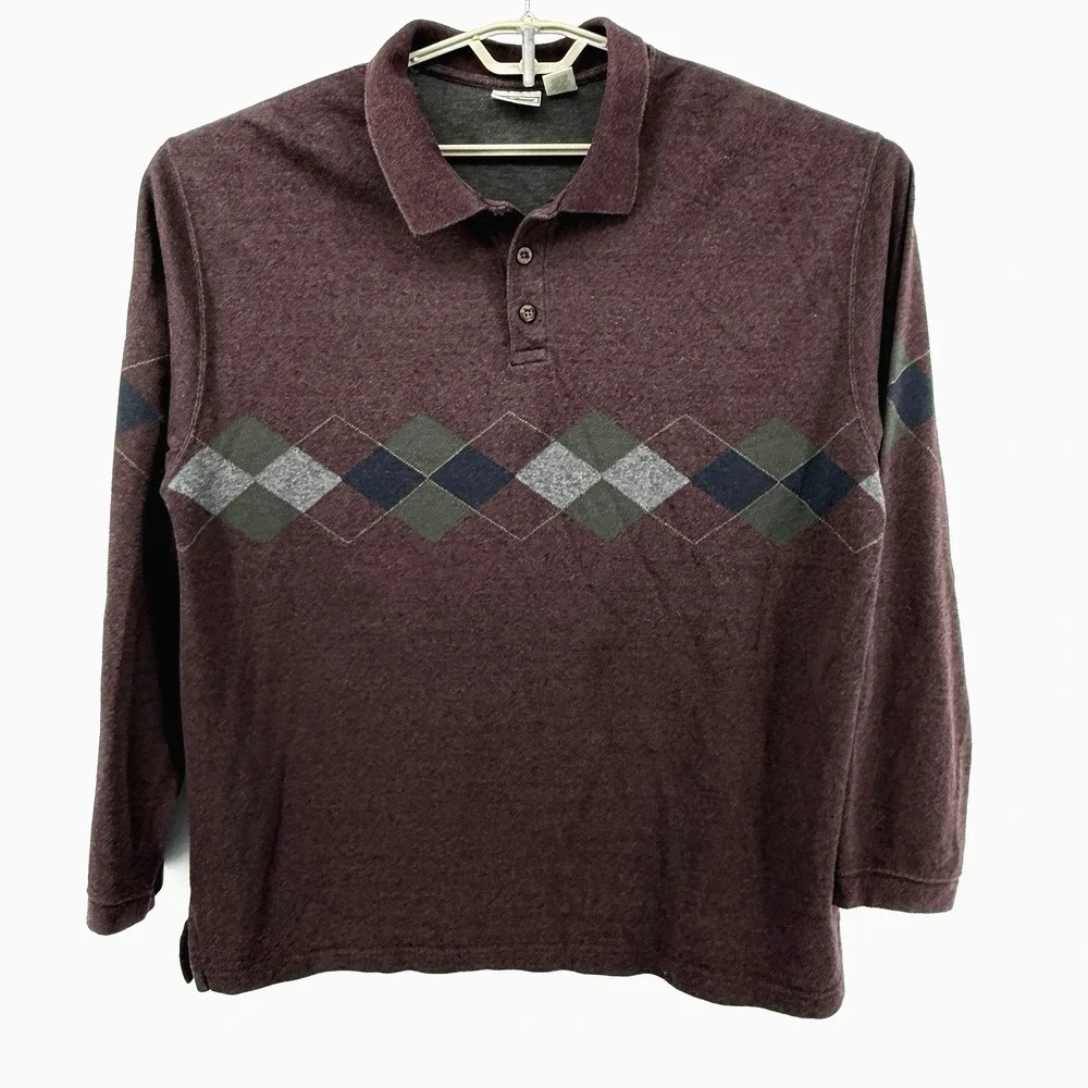 LL Bean Argyle‎ Sweater Mens XL Heather Maroon Made In USA Pullover Polo Casual